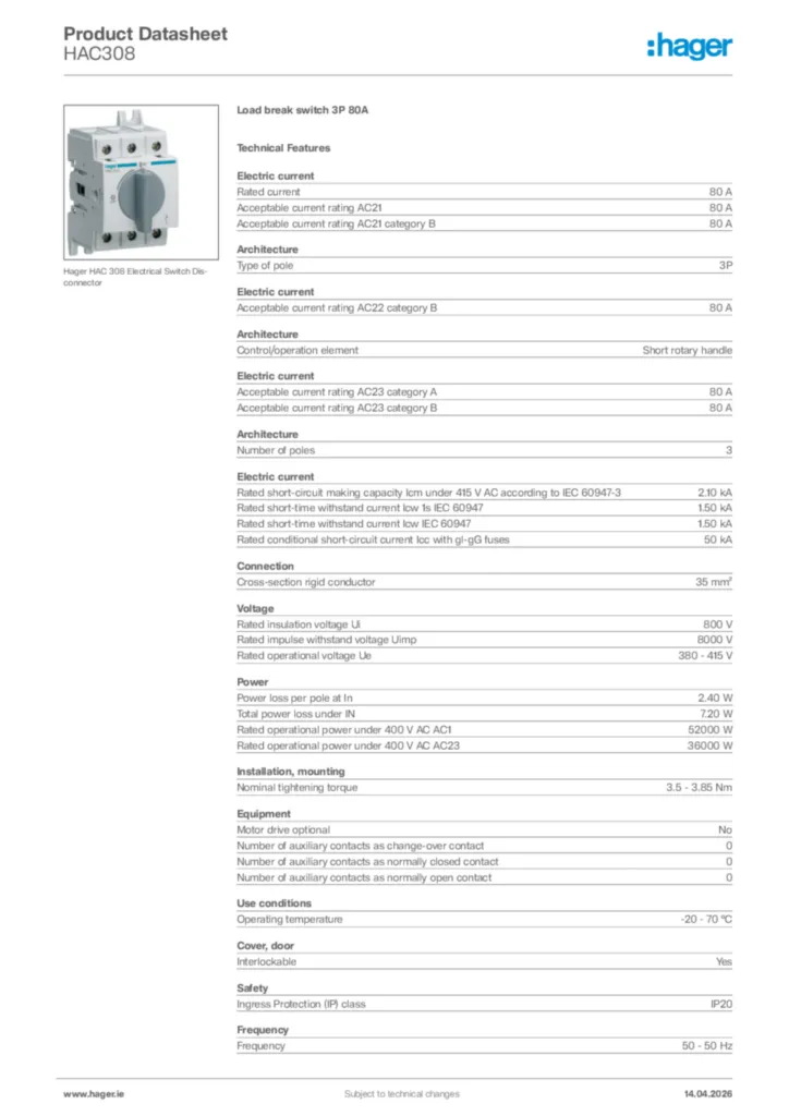 Image Hager Product data sheet HAC308  | Hager