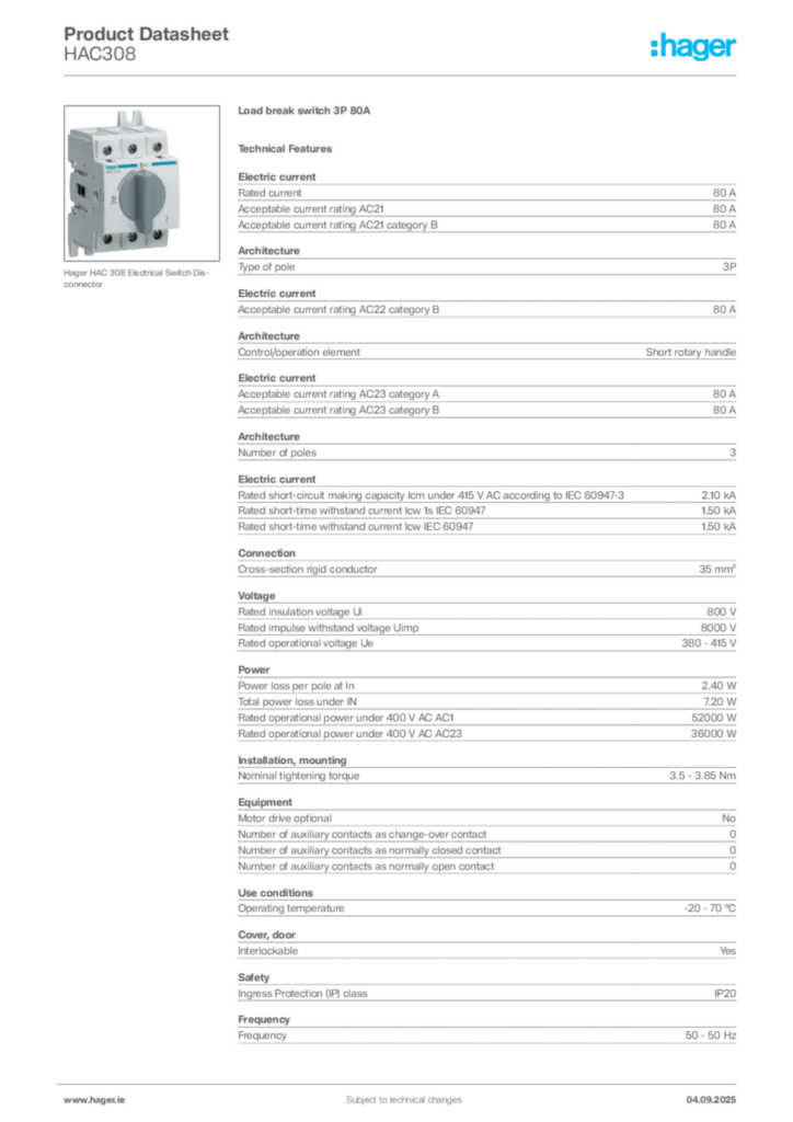 Image Hager Product data sheet HAC308  | Hager