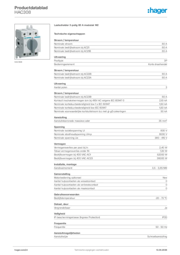Afbeelding Hager Productdatablad HAC308 | Hager Nederland