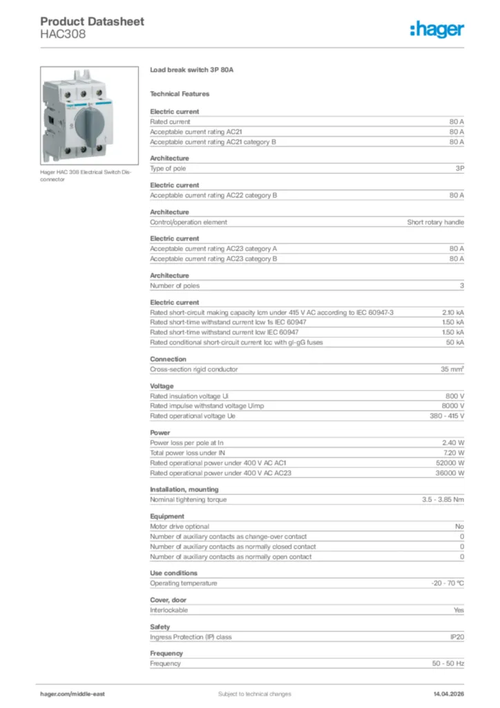 Image Hager Product data sheet HAC308  | Hager
