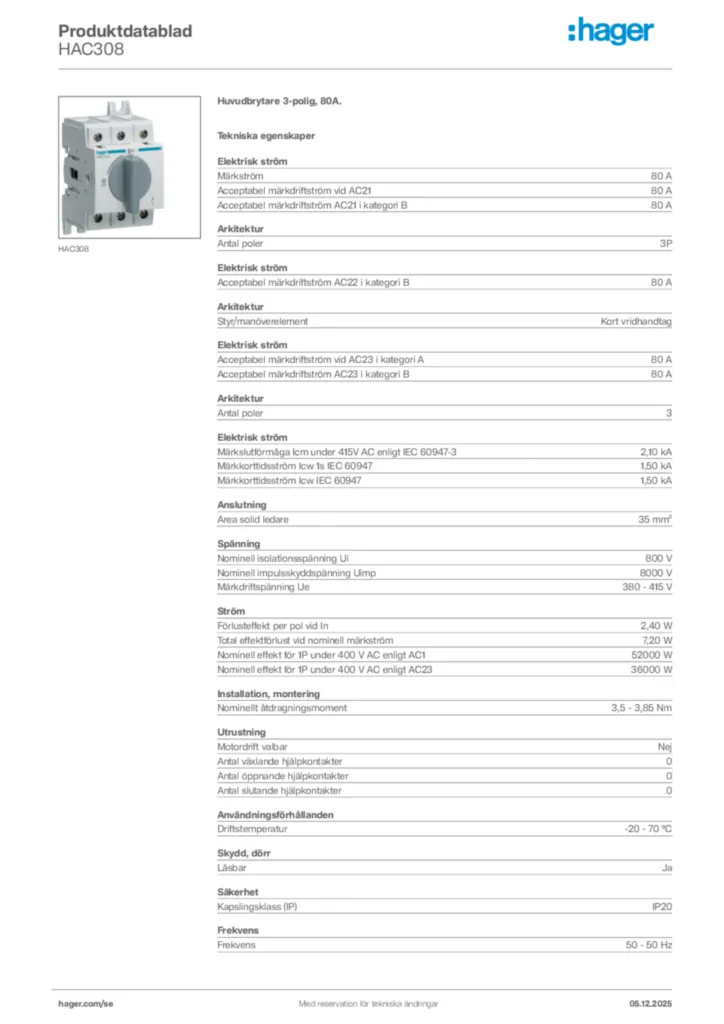 Bild Hager Produktdatablad HAC308 | Hager Sverige