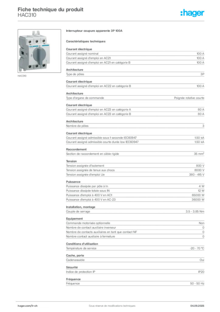 Image Hager Fiche technique du produit HAC310 | Hager Suisse