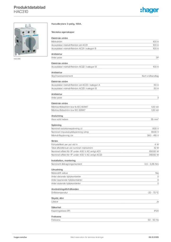 Bild Hager Produktdatablad HAC310 | Hager Sverige