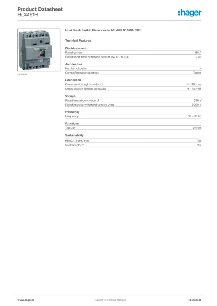 Image Hager Product data sheet HCA161H  | Hager