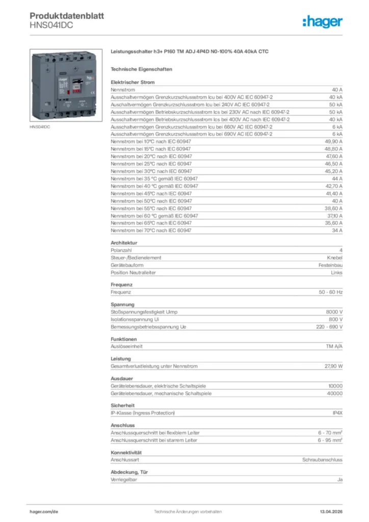 Bild Hager Produktdatenblatt HNS041DC | Hager Deutschland