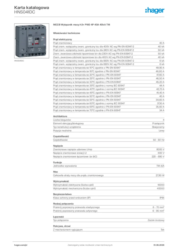 Zdjęcie Hager Karta katalogowa HNS041DC | Hager Polska