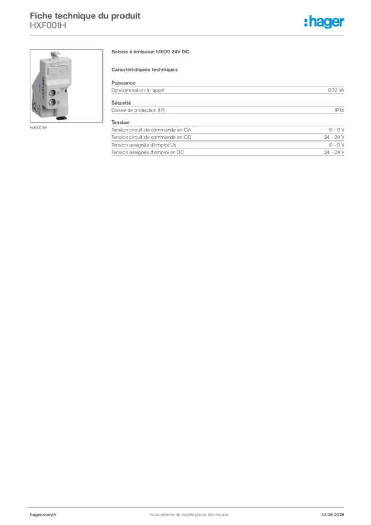 Image Hager Fiche technique du produit HXF001H | Hager France