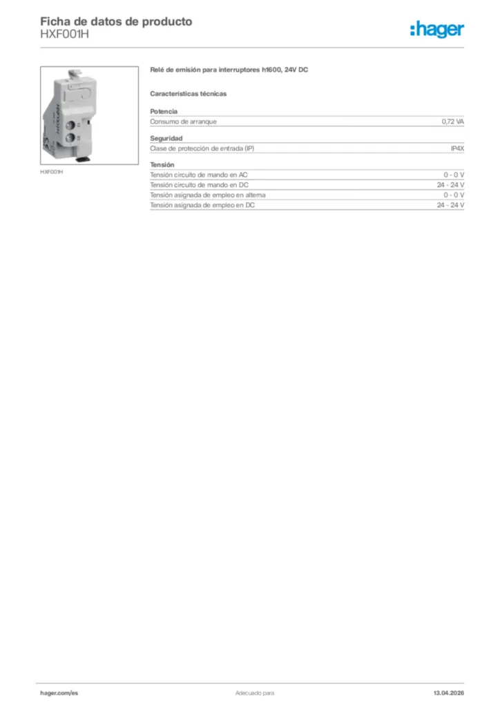 Imagen Hager Ficha de datos de producto HXF001H | Hager España