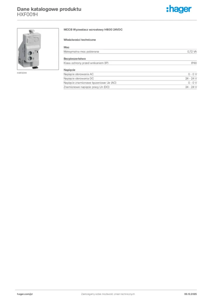 Zdjęcie Hager Karta katalogowa HXF001H | Hager Polska