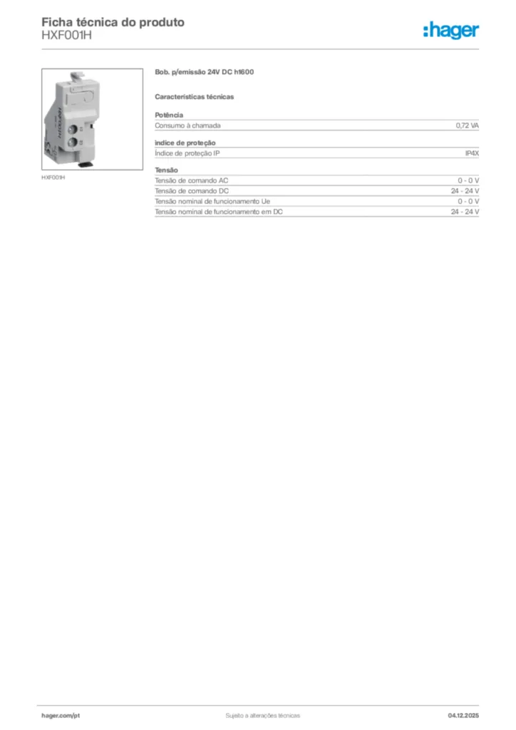 Imagem Hager Ficha técnica do produto HXF001H | Hager Portugal