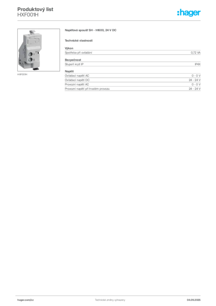 Obrázek Hager Produktový list HXF001H | Hager