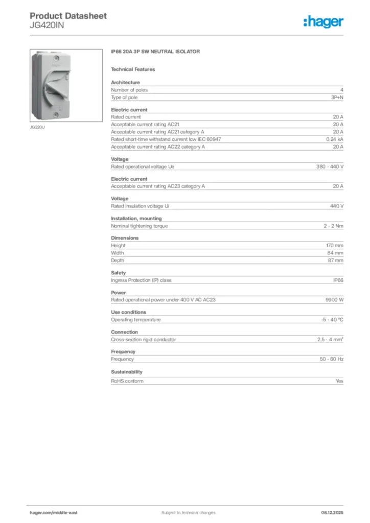 Image Hager Product data sheet JG420IN  | Hager