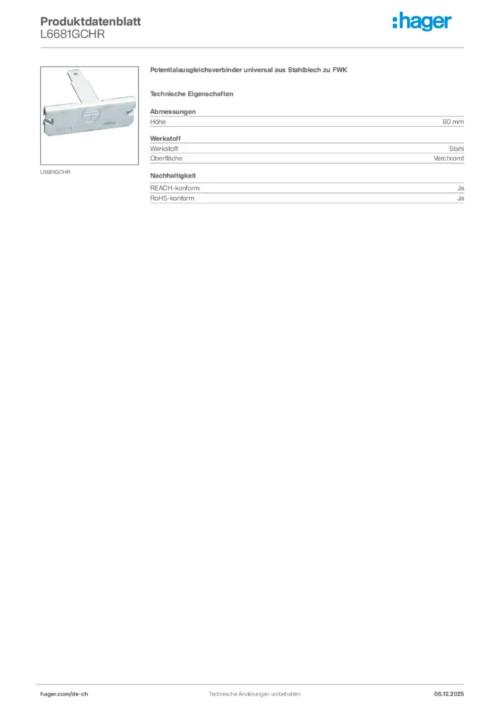 Bild Hager Produktdatenblatt L6681GCHR | Hager Schweiz