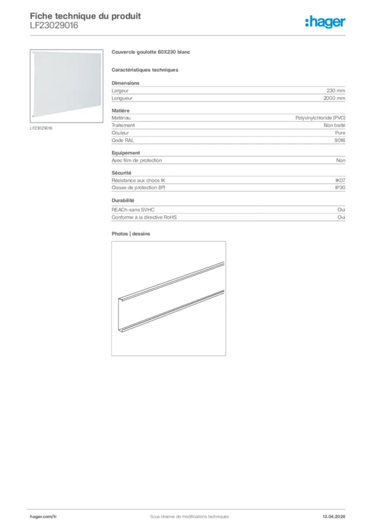 Image Hager Fiche technique du produit LF23029016 | Hager France