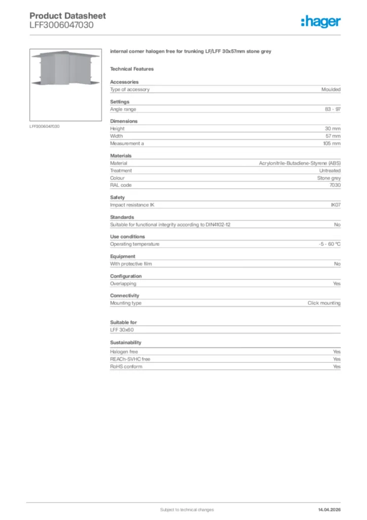 Image Hager Product data sheet LFF3006047030  | Hager Africa