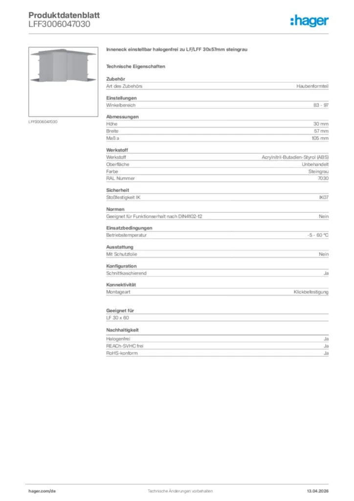 Bild Hager Produktdatenblatt LFF3006047030 | Hager Deutschland