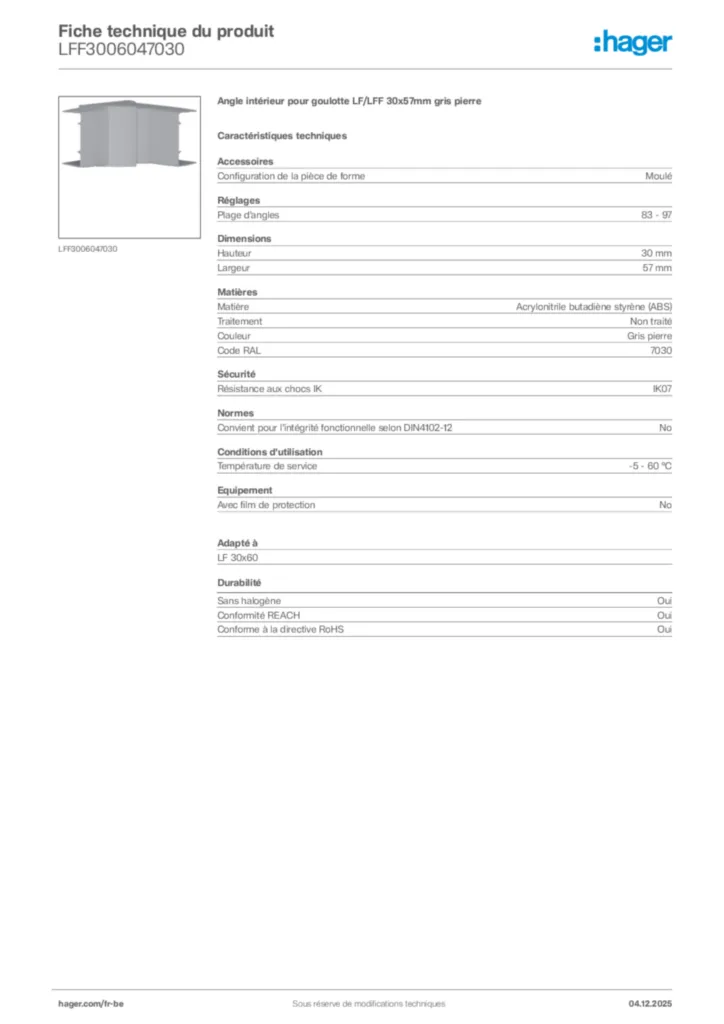 Image Hager Fiche technique du produit LFF3006047030 | Hager Belgique