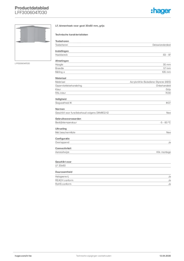 Afbeelding Hager Productdatablad LFF3006047030 | Hager Belgium