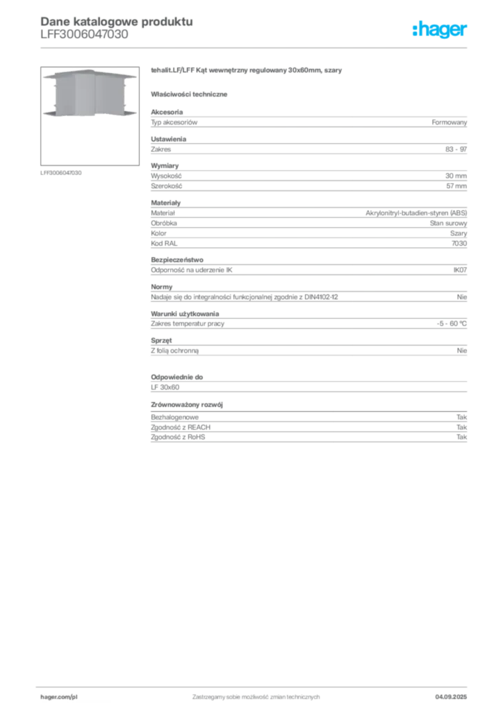 Zdjęcie Hager Dane katalogowe produktu LFF3006047030 | Hager Polska
