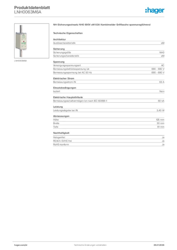 Bild Hager Produktdatenblatt LNH0063M6A | Hager Deutschland
