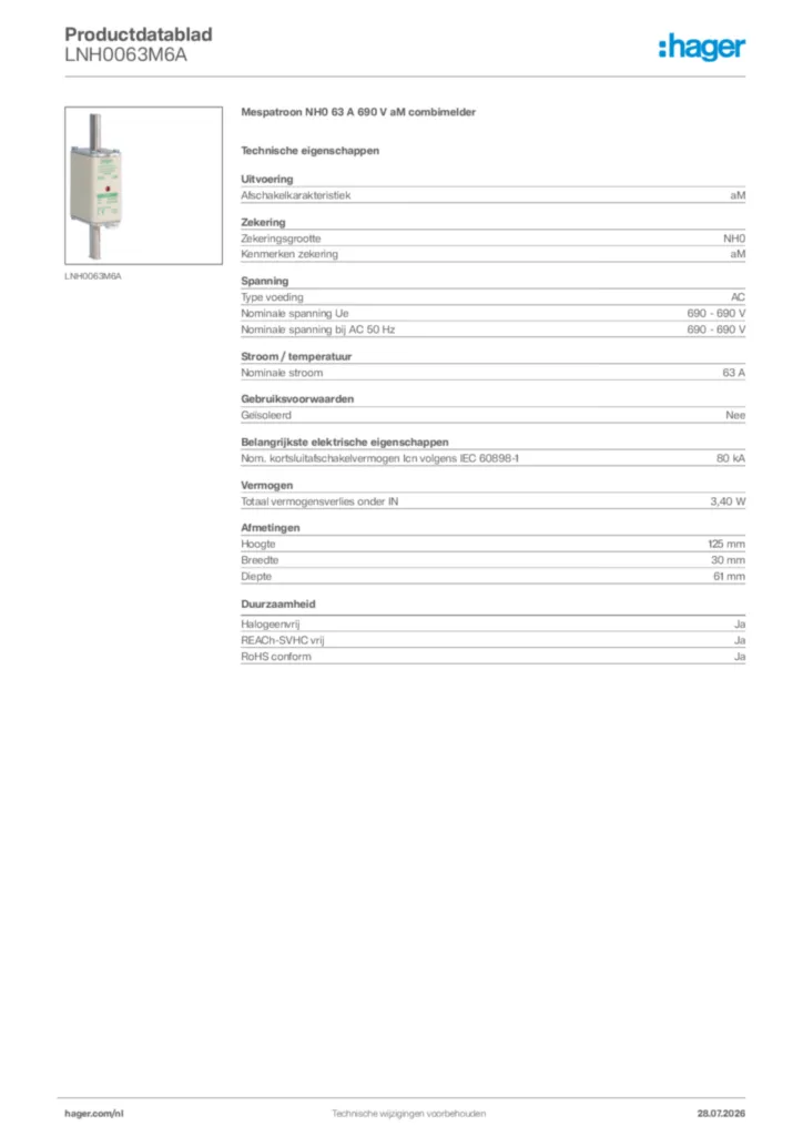 Afbeelding Hager Productdatablad LNH0063M6A | Hager Nederland
