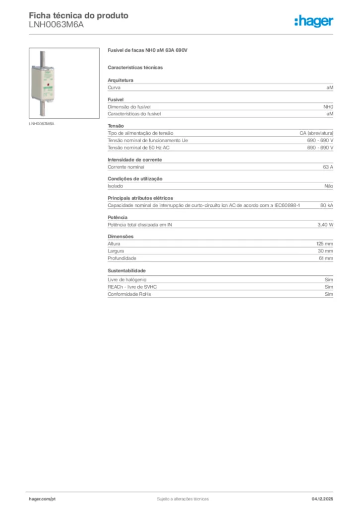 Imagem Hager Ficha técnica do produto LNH0063M6A | Hager Portugal