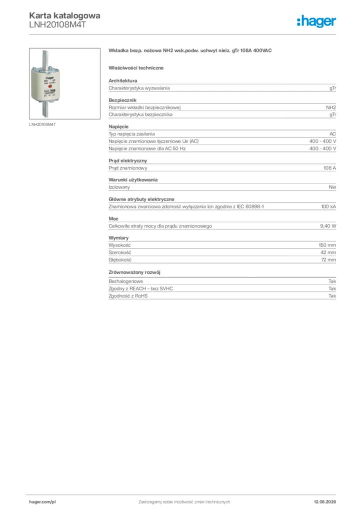 Zdjęcie Hager Karta katalogowa LNH20108M4T | Hager Polska
