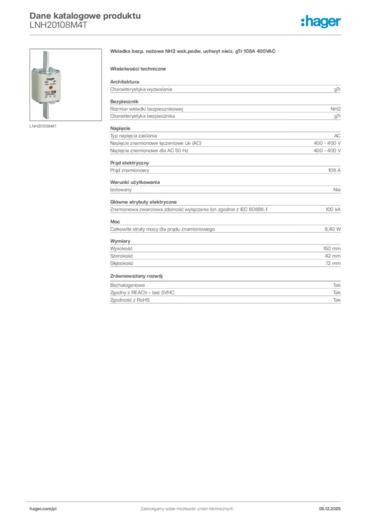 Zdjęcie Hager Karta katalogowa LNH20108M4T | Hager Polska