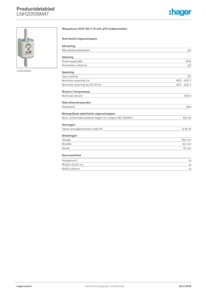 Afbeelding Hager Productdatablad LNH20108M4T | Hager Nederland