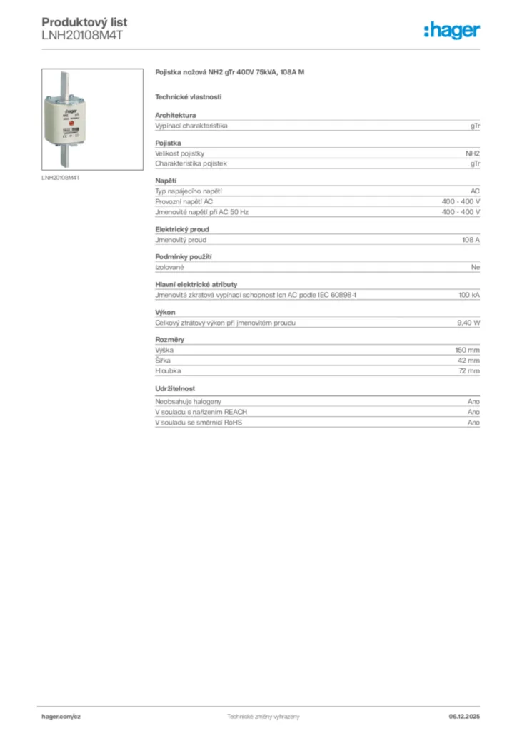Obrázek Hager Product data sheet LNH20108M4T | Hager