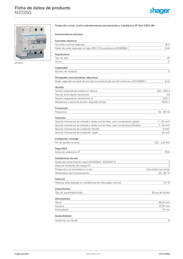 Imagen Hager Ficha de datos de producto MZ225G | Hager España