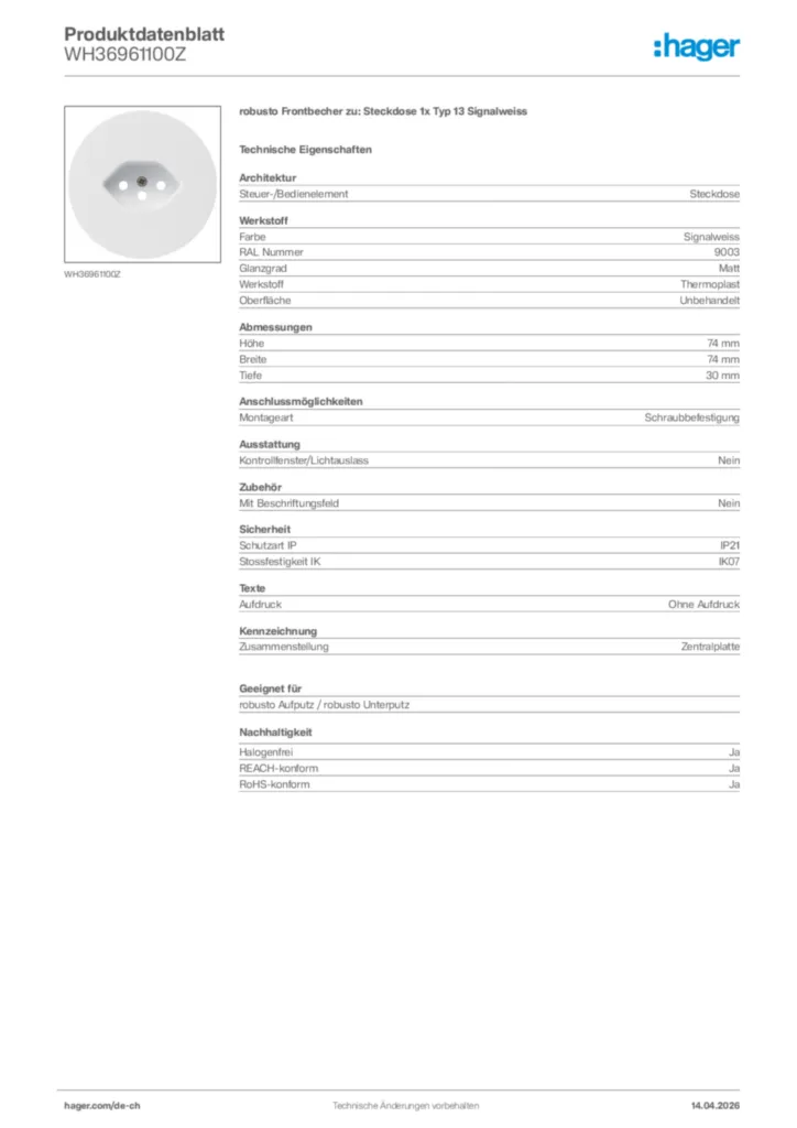 Bild Hager Produktdatenblatt WH36961100Z | Hager Schweiz