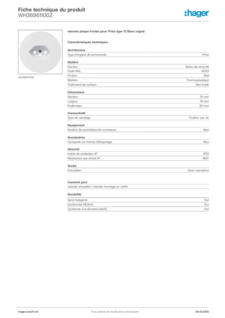 Image Hager Fiche technique du produit WH36961100Z | Hager Suisse