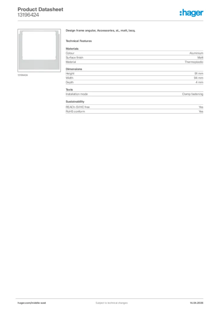 Image Hager Product data sheet 13196424  | Hager