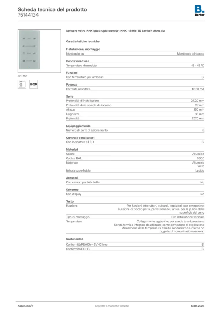 Immagine Berker Scheda tecnica del prodotto 75144134 | Hager Italia