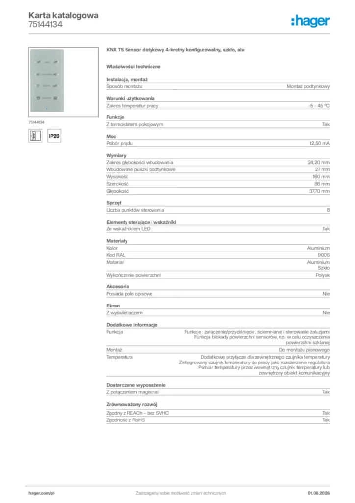 Zdjęcie Hager Karta katalogowa 75144134 | Hager Polska