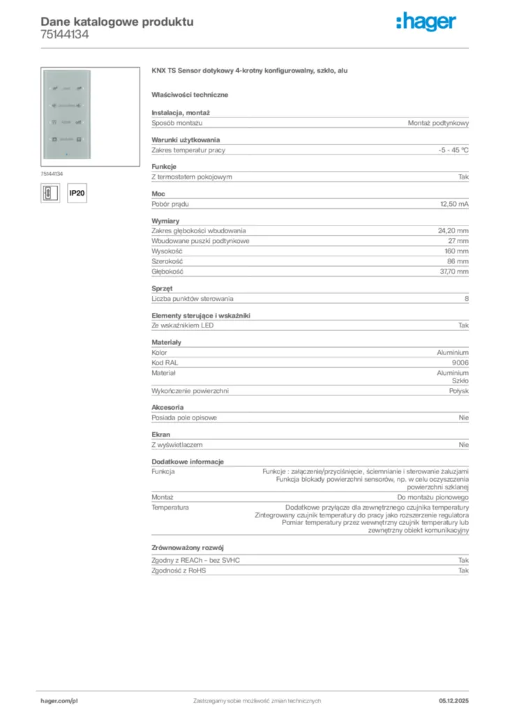 Zdjęcie Hager Karta katalogowa 75144134 | Hager Polska