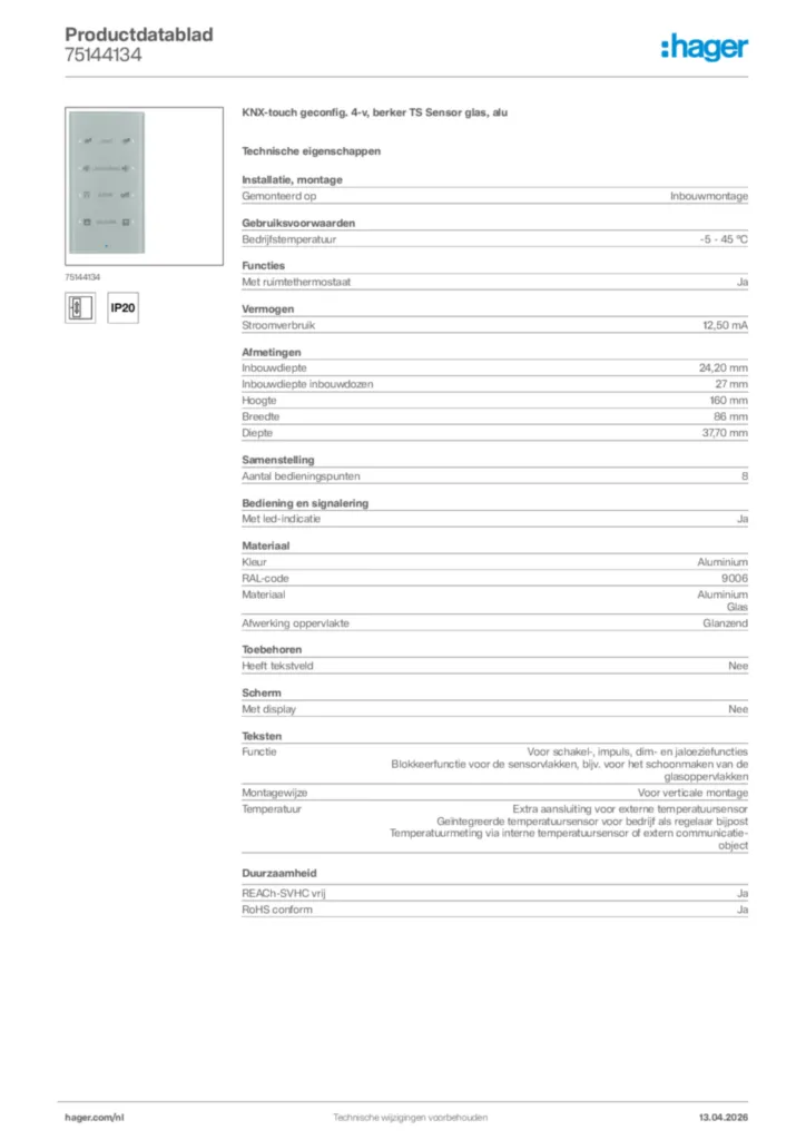 Afbeelding Hager Productdatablad 75144134 | Hager Nederland