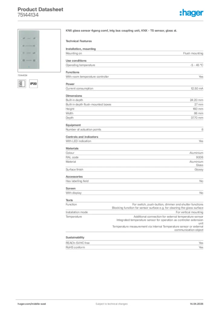 Image Hager Product data sheet 75144134  | Hager