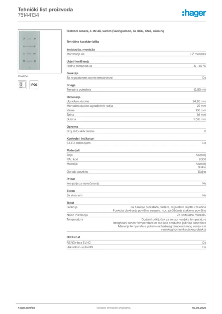 Slika Hager Tehnički list proizvoda 75144134  | Hager