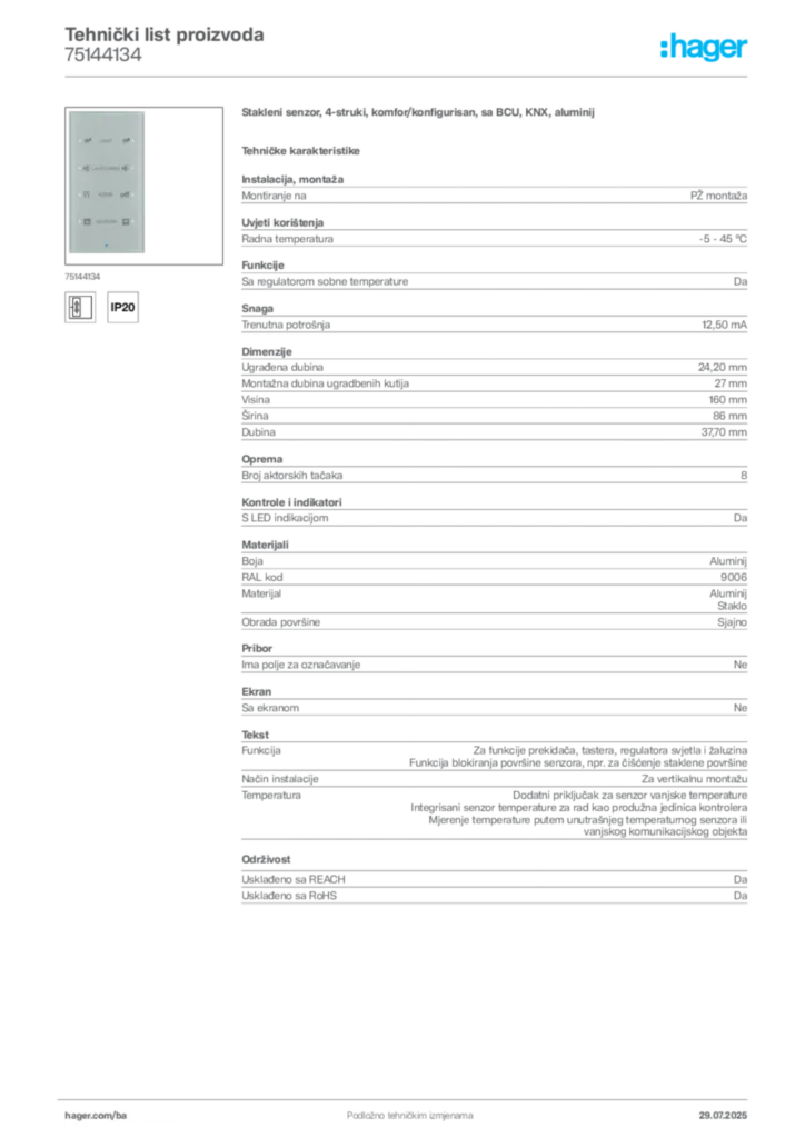 Slika Hager Product data sheet 75144134  | Hager