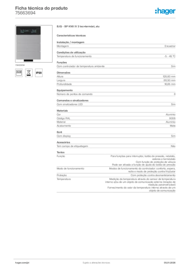 Imagem Hager Ficha técnica do produto 75663694 | Hager Portugal