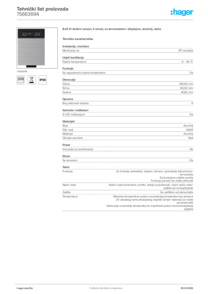Slika Hager Product data sheet 75663694  | Hager