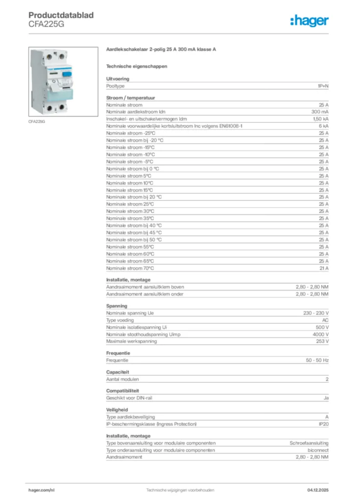 Afbeelding Hager Productdatablad CFA225G | Hager Nederland