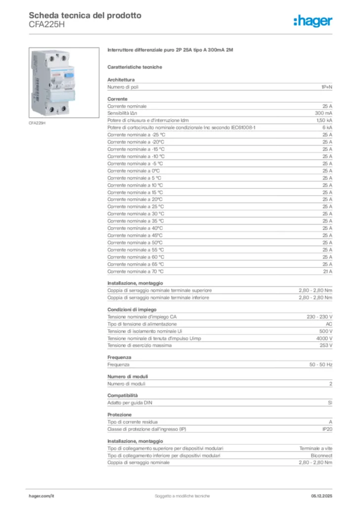 Immagine Hager Scheda tecnica del prodotto CFA225H | Hager Italia