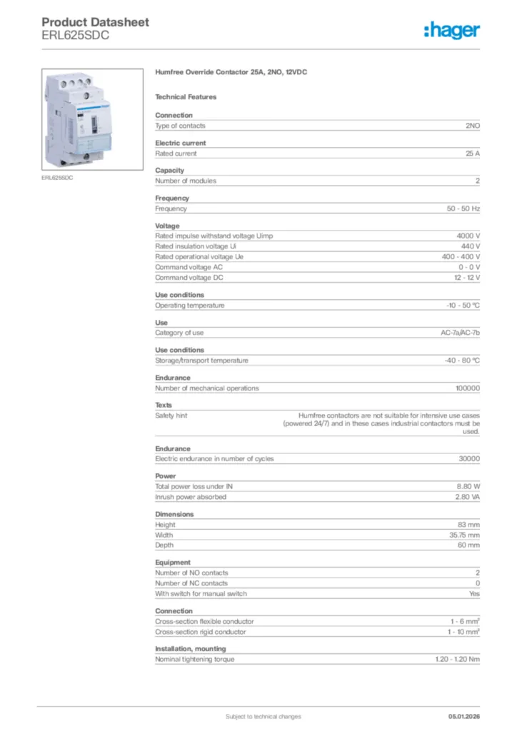 Image Hager Product data sheet ERL625SDC  | Hager Africa