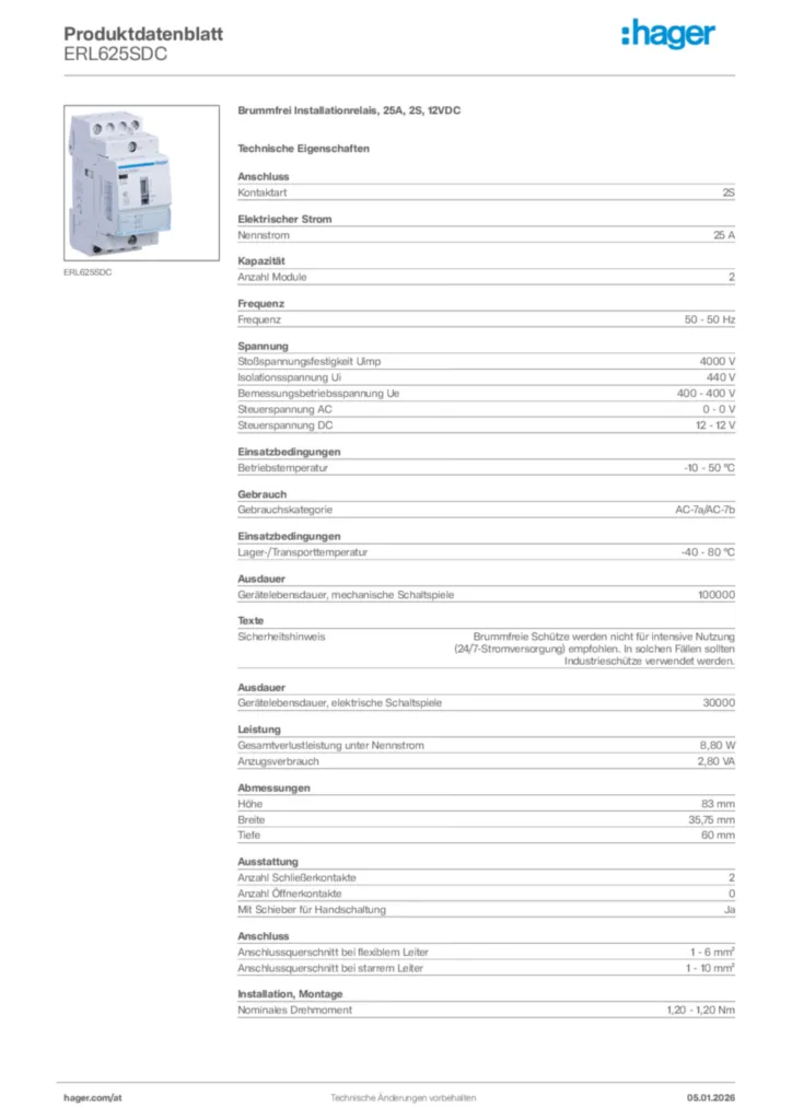 Bild Hager Produktdatenblatt ERL625SDC | Hager Deutschland