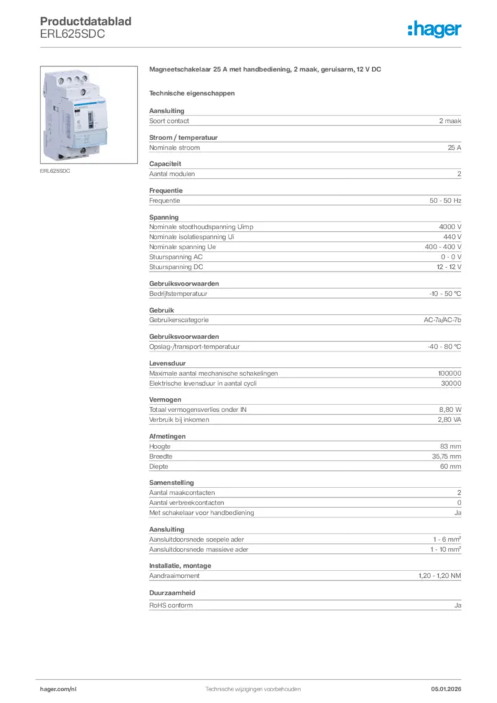 Afbeelding Hager Productdatablad ERL625SDC | Hager Nederland