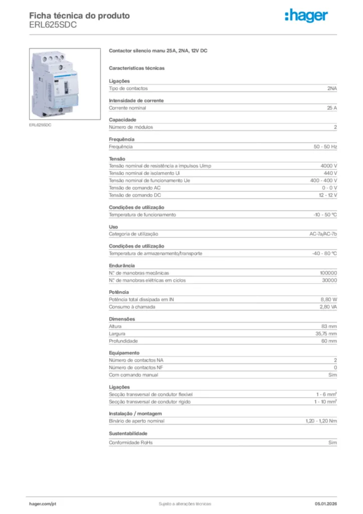 Imagem Hager Ficha técnica do produto ERL625SDC | Hager Portugal