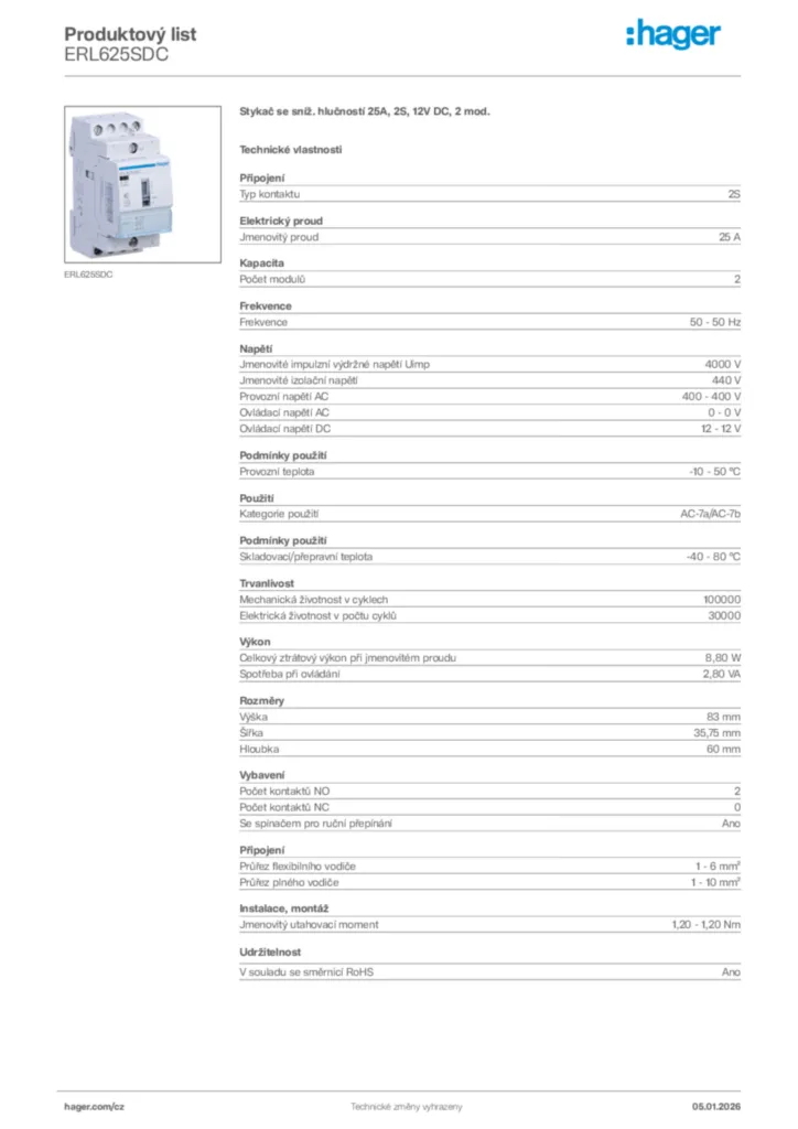 Obrázek Hager Product data sheet ERL625SDC | Hager